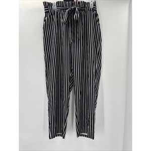 OfficeSiren Black White Striped Paper Bag Waist High Waisted Tie Belt Silky XXL